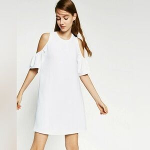 Zara White Asymmetrical Trafuluc Cold Shoulder Mini Dress